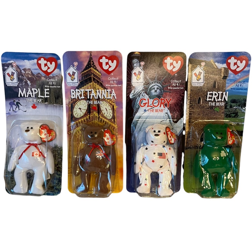 RARE McDonald's Brittania Erin Glory & Maple TY Beanie Babies Bear Complete Set